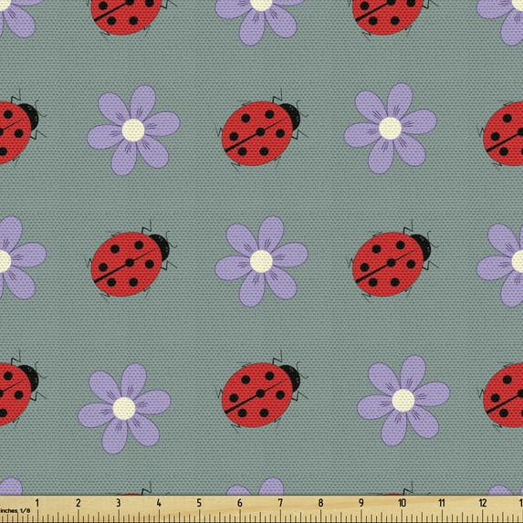 Ambesonne Ladybugs Fabric by the Yard Upholstery, Flora and Fauna Design, 10 Yards, Multicolor