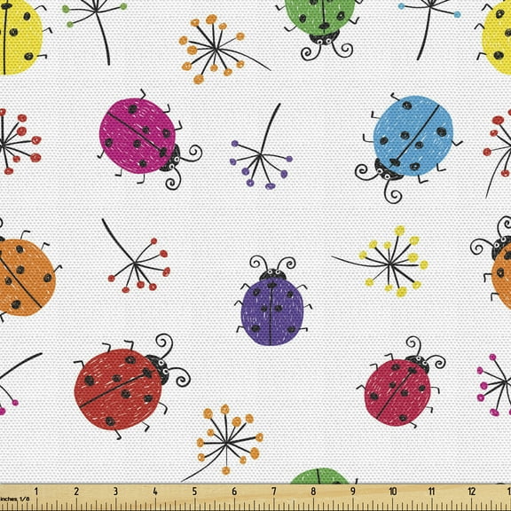 Ambesonne Ladybugs Fabric by the Yard Upholstery, Dot Insects Illustration, 1 Yard, Multicolor