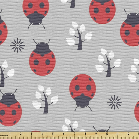 Ambesonne Ladybugs Fabric by the Yard Upholstery, Bug Tree Flower, 2 Yards, Grey Dark Coral Black