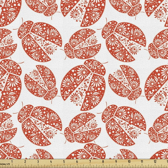 Ambesonne Ladybugs Fabric by the Yard Upholstery, Flower Patterned Wings, 10 Yards, Vermilion White