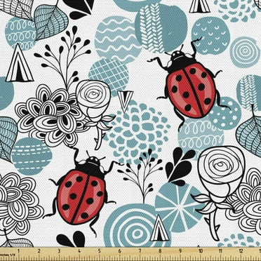 Ladybugs Fabric by the Yard Upholstery, Romantic Elements Flowers Roses Bugs Abstract Pattern in Doodle Style, Decorative Fabric for DIY and Home Accents, 10 Yards, Pale Blue Red Black by Ambesonne