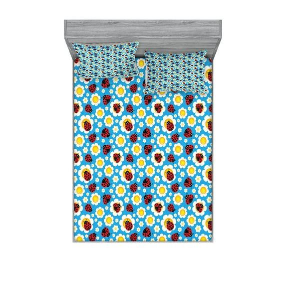 Ladybugs Fitted Sheet & Pillow Sham Set, Abstract Daisies with Dotted Bugs Insects Ornamental Blooming Nature Inspirations, Decorative Printed 6 Piece Bedding Decor Set, Full, Multicolor, by Ambesonne