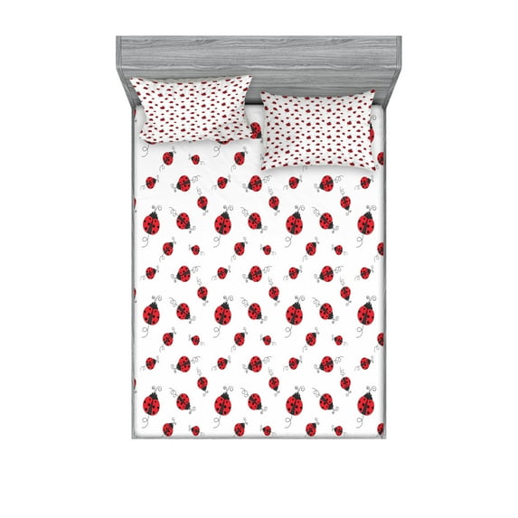 Ladybugs Fitted Sheet & Pillow Sham Set, Ladybug Dotted Wings Swirls and Curves Pattern Animal, Decorative Printed 6 Piece Bedding Decor Set, Queen, White Black, by Ambesonne
