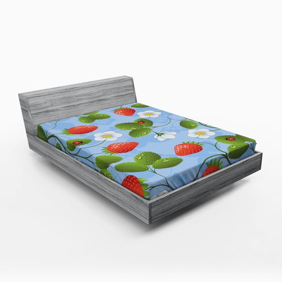Ladybugs Fitted Sheet, Strawberries Daisies and Ladybugs Looks Like Ivy Plant Spotted Insects Image, Soft Decorative Fabric Bedding, Full Size, Blue Green Red, by Ambesonne