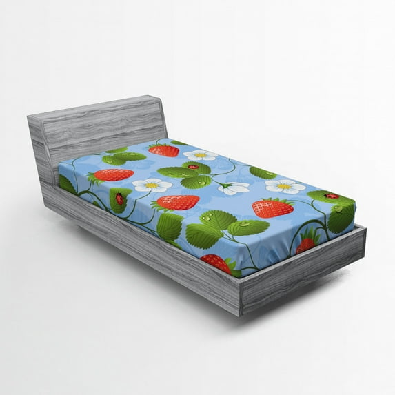 Ladybugs Fitted Sheet, Strawberries Daisies and Ladybugs Looks Like Ivy Plant Spotted Insects Image, Soft Decorative Fabric Bedding, Twin XL Size, Blue Green Red, by Ambesonne