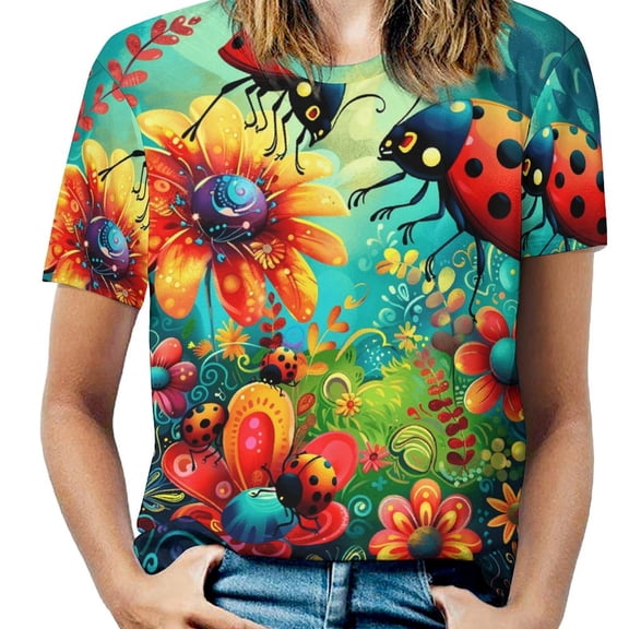 Ladybugs Floral Fantasy Womens Tops Women's Fashion Casual Short Sleeve Flower Print Round Neck Pullover Top Blouse