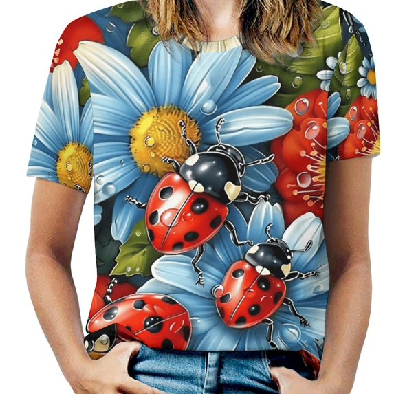 Ladybugs Floral Garden-2 T Shirts Basic T-Shirt Short Sleeve Ladies Tee Shirt Summer Graphic Clothing