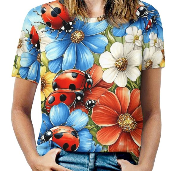 Ladybugs Floral Garden-5 Women's T-Shirt Short Sleeve T Shirts Tops Tee Ladies Loose T