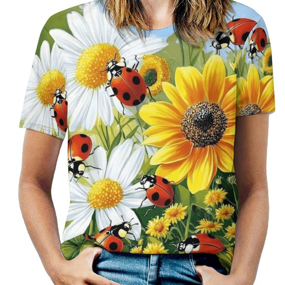 Ladybugs Floral Garden Women's T-Shirt Short Sleeve T Shirts Tops Tee Ladies Loose T