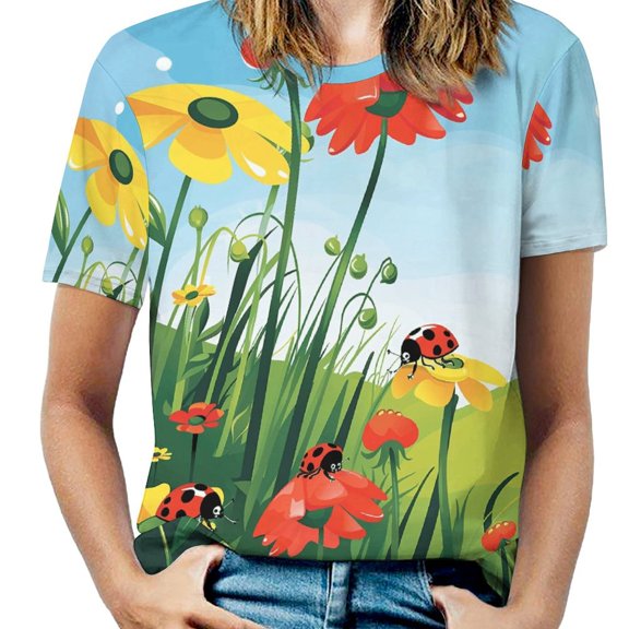 Ladybugs Floral Meadow Women's Short Sleeve Tops Casual Blouses T Shirt