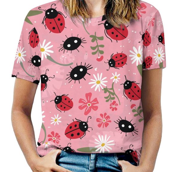 Ladybugs Floral Pink Womens Tops Women's Fashion Casual Short Sleeve Flower Print Round Neck Pullover Top Blouse