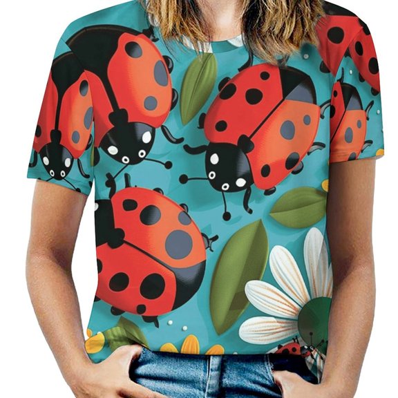 Ladybugs Floral Print Women's Short Sleeve Tops Casual Blouses T Shirt