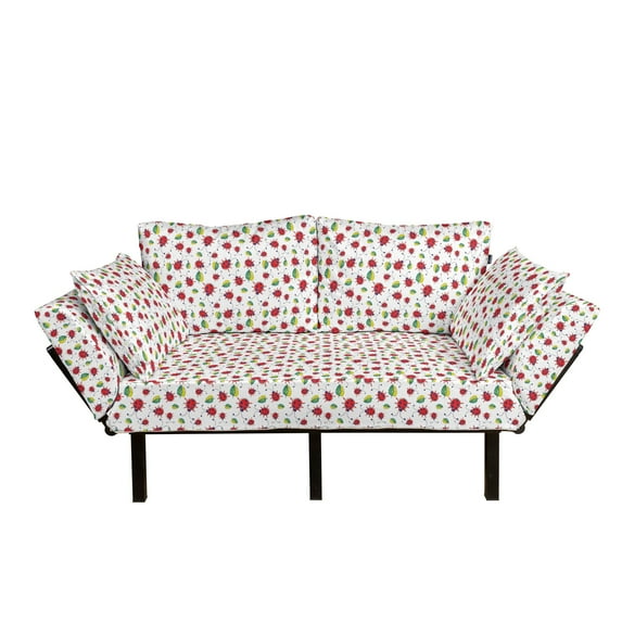 Ladybugs Futon Couch, Hand Drawn Doodle Cartoon Leafs Bugs Abstract Ornamental Nature Illustration, Daybed with Metal Frame Upholstered Sofa for Living Dorm, Loveseat, Multicolor, by Ambesonne
