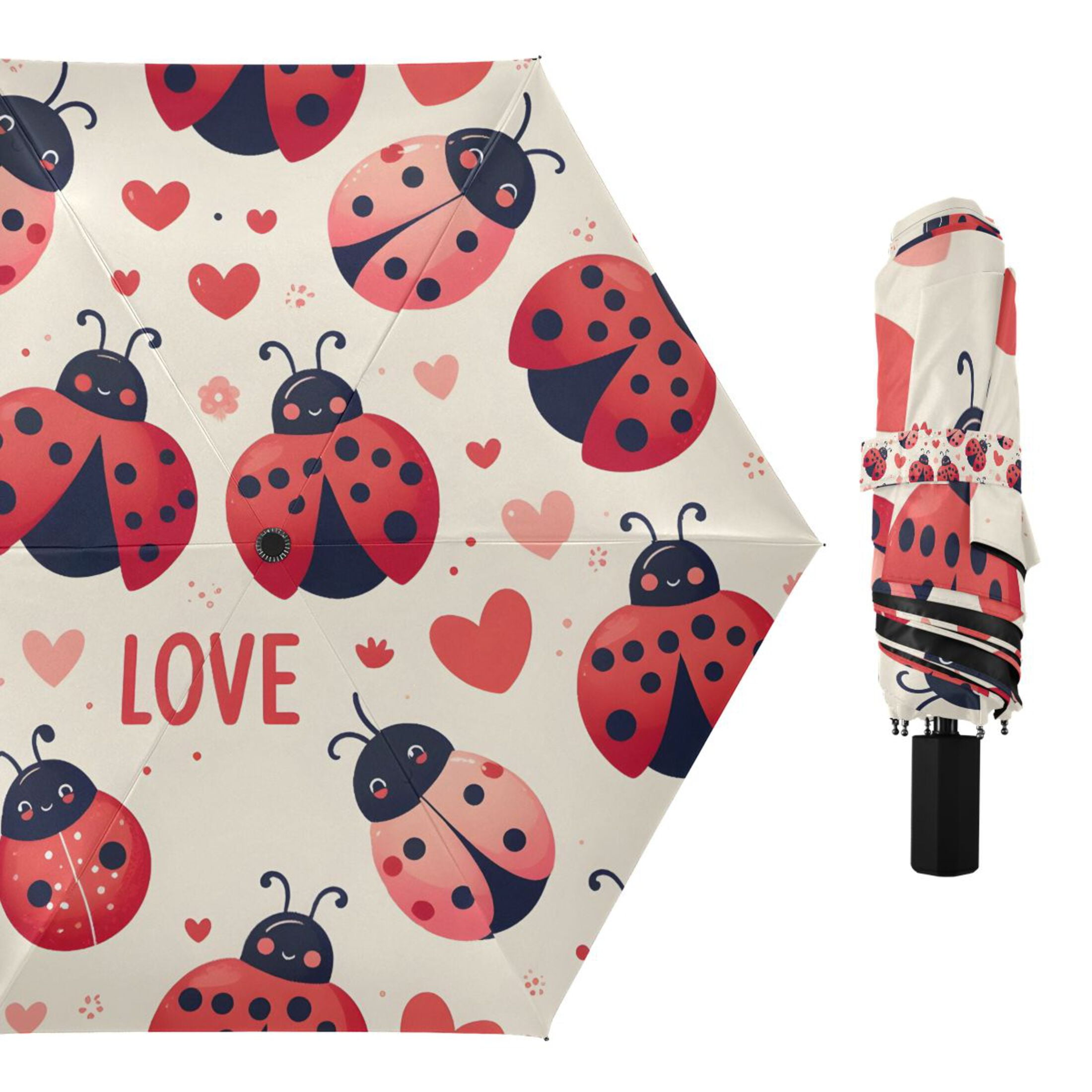 Ladybugs Heart Love Compact Sun Umbrella Windproof Travel Umbrellas for Rain Strong Portable UV Protection