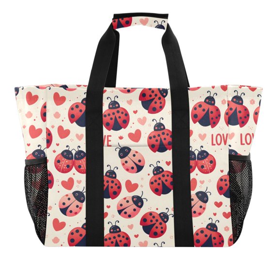 Ladybugs Heart Love Reusable Grocery Bags with Handle Side Pocket Waterproof Shopping Portable Tote