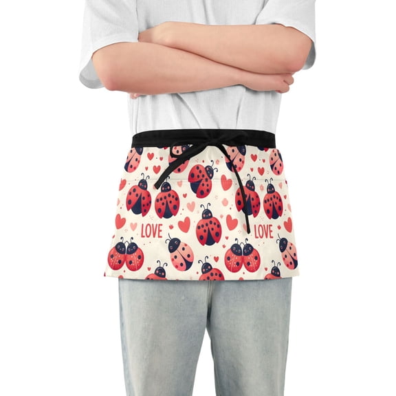 Ladybugs Heart Love Server Apron with 3 Pockets Waterproof Waitress Waist Short Apron for Man Woman 12 Inches