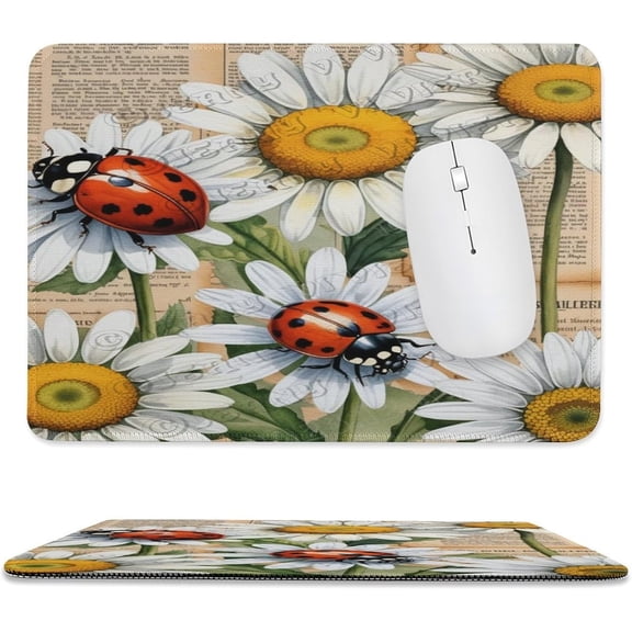 Ladybugs Mouse Pad 8x10 in Size, Stitched Edges Computer Mouse Pad with Smooth Cloth Surface, Cute Ladybugs Artwork in Garden Scene for Office Desk Accessories