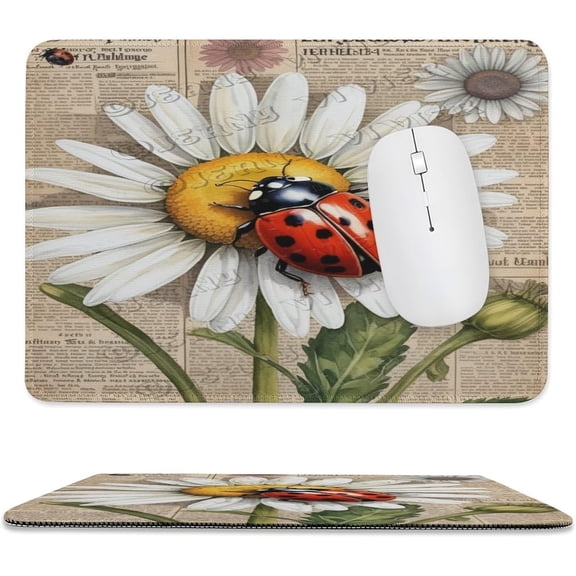 Ladybugs Mouse Pad 8x10 in, Premium Stitched Edge Computer Mousepad with Smooth Tracking Surface and Non-Slip Rubber Bottom, Ladybug Illustration on Green Leaves