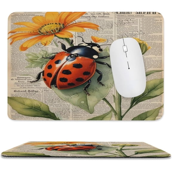 Ladybugs Mouse Pad 8x10 in with Stitched Edges, Smooth Cloth Surface Non-Slip Rubber Base Desk Mousepad Colorful Ladybug Illustration on Leaves