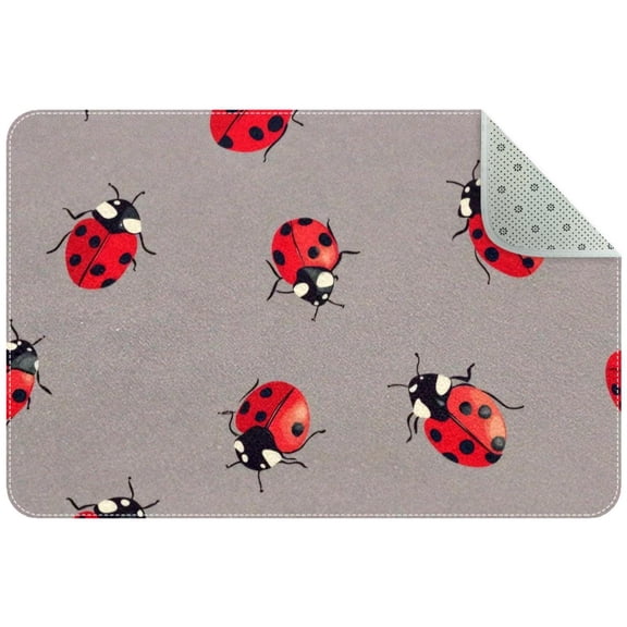 Ladybugs Pattern on Gray Background Small Area Rug, Non-Slip Door Mat Indoor Floor Mat, Washable Kitchen Rug Entrance DMat for Bedroom Living Room