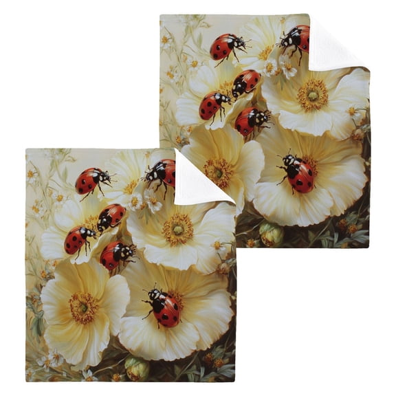 Ladybugs Picking Flowers 100% Cotton Face Towel 12x12in Soft Absorbent Washcloth Durable Printed Hand Towels for Bathroom Travel 2 Pcs