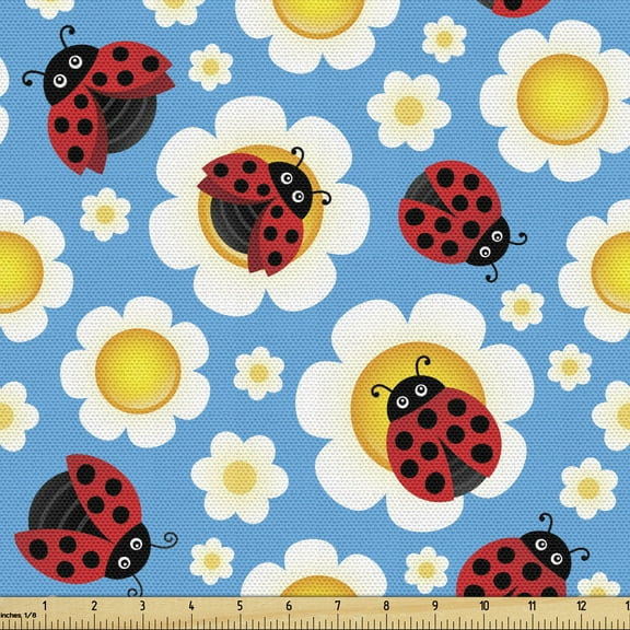 Ambesonne Ladybugs Fabric by the Yard Upholstery, Abstract Daisies Bugs, 2 Yards, Multicolor