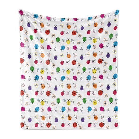 Ladybugs Soft Flannel Fleece Blanket, Dotted Insects with Floral Illustration Valentines Day Inspired Romantic Elements, Cozy Plush for Indoor and Outdoor Use, 50" x 60", Multicolor, by Ambesonne