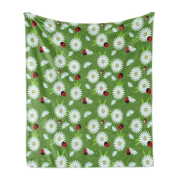 Ladybugs Soft Flannel Fleece Throw Blanket, Chamomile Bouquet Botanical Flora and Fauna on Green Backdrop, Cozy Plush for Indoor and Outdoor Use, 50" x 60", Vermilion Yellow, by Ambesonne