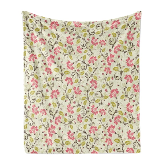 Ladybugs Soft Flannel Fleece Throw Blanket, Curving Flower Design with Ladybugs and Retro Features Small Beetles Theme, Cozy Plush for Indoor and Outdoor Use, 50" x 60", Pale Green Pink, by Ambesonne