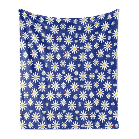 Ladybugs Soft Flannel Fleece Throw Blanket, Daisies Pattern with Spring Bugs Blooming Nature Illustration, Cozy Plush for Indoor and Outdoor Use, 50" x 70", Vermilion Navy Blue, by Ambesonne