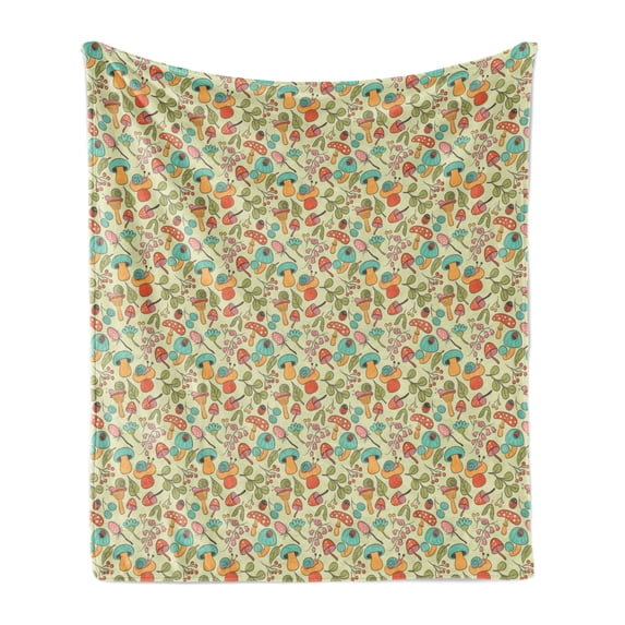 Ladybugs Soft Flannel Fleece Throw Blanket, Doodle Woodland Pattern Cartoon Mushroom Berries and Snails on Pastel Backdrop, Cozy Plush for Indoor and Outdoor Use, 70" x 90", Multicolor, by Ambesonne