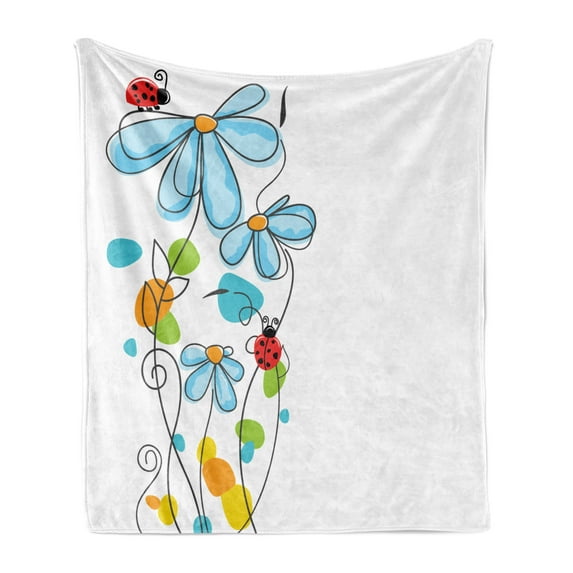 Ladybugs Soft Flannel Fleece Throw Blanket, Flowers Oval Dome-Shaped Ladybugs Illustration Never Ending Love Story Luck, Cozy Plush for Indoor and Outdoor Use, 50" x 70", Multicolor, by Ambesonne