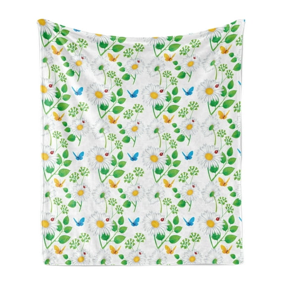 Ladybugs Soft Flannel Fleece Throw Blanket, Macro Chamomiles and Ladybugs Illustration Playful Magic Spirits of the Nature, Cozy Plush for Indoor and Outdoor Use, 50" x 60", White Green, by Ambesonne