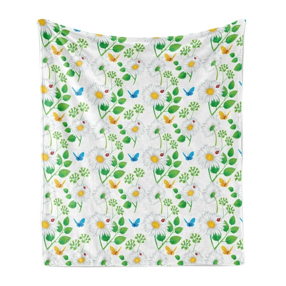 Ladybugs Soft Flannel Fleece Throw Blanket, Macro Chamomiles and Ladybugs Illustration Playful Magic Spirits of the Nature, Cozy Plush for Indoor and Outdoor Use, 50" x 60", White Green, by Ambesonne