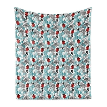 Ladybugs Soft Flannel Fleece Throw Blanket, Romantic Elements Flowers Roses Bugs Abstract Pattern in Doodle Style, Cozy Plush for Indoor and Outdoor Use, 50" x 60", Pale Blue Red Black, by Ambesonne