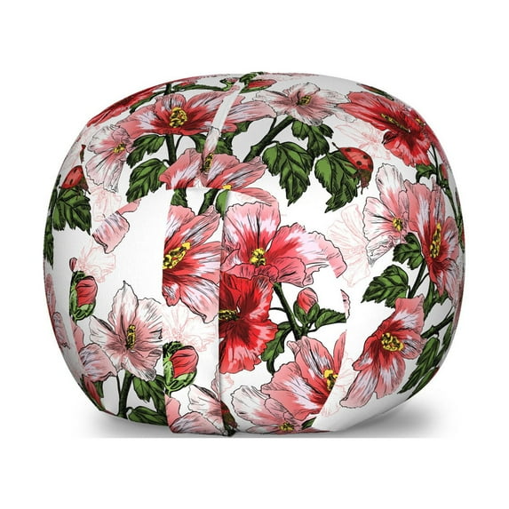 Ladybugs Storage Toy Bag Chair, Exotic Flowers Hibiscus Hawaiian Foliage Illustration Botany Spring Blossom, Stuffed Animal Organizer Washable Bag, Small Size, Red Coral Green, by Ambesonne