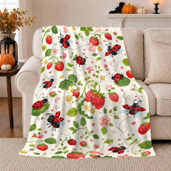 Ladybugs And Strawberry Garden Pattern, Playful Botanical Pattern Illustration for Garden Pattern Enthusiasts, Housewarming Gift, Cozy Flannel Blanket and Home Decor for Living Room and Bedroom