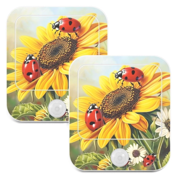 Ladybugs on Sunflowers Daisy 2 Pack LED Motion Sensor Night Light Plug into Wall Auto Dusk to Dawn Adjustable Brightness for Kids Bedroom Hallway Nursery Room