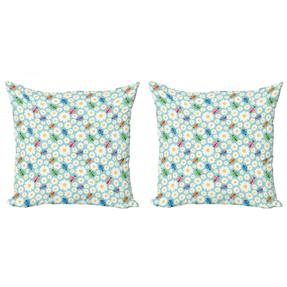 Ambesonne Cartoon Throw Pillow Cover 2 Pack, Daisies and Ladybugs, 16", Multicolor