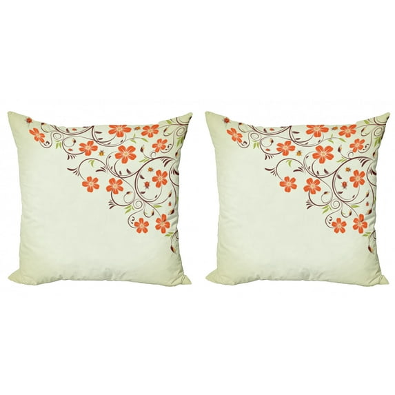Ambesonne Floral Throw Pillow Cover 2 Pack, Ladybugs Flowers Spring, 16", Pale Green Red
