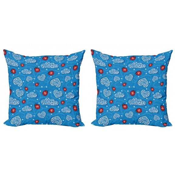 Ambesonne Cartoon Throw Pillow Cover 2 Pack, Ladybugs Hearts Clouds, 20", Blue Red