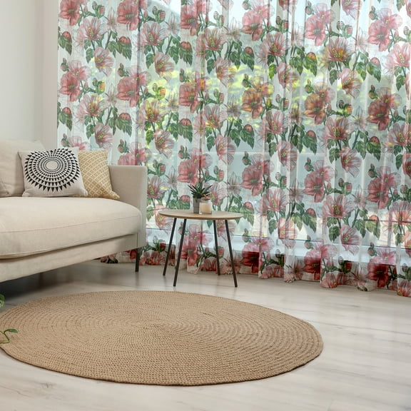 Ladybugs Tulle Curtains with Rod Pocket, Exotic Flowers Hibiscus Hawaiian Foliage Illustration Botany Spring Blossom, Sheer Drape for Wedding Party 2 Panels, 7 Sizes, Red Coral Green, by Ambesonne