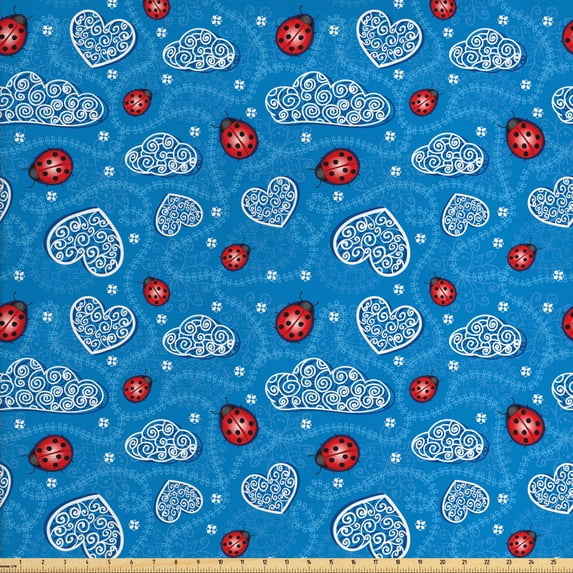 Ambesonne Cartoon Fabric by the Yard Upholstery, Ladybugs Hearts Clouds, 3 Yards, Blue Red