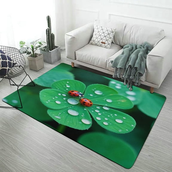 Ladybugs on Clover with Dew Carpet Rug for Home Living Room Bedroom Sofa Doormat Decor Area Rug Non-slip Mat