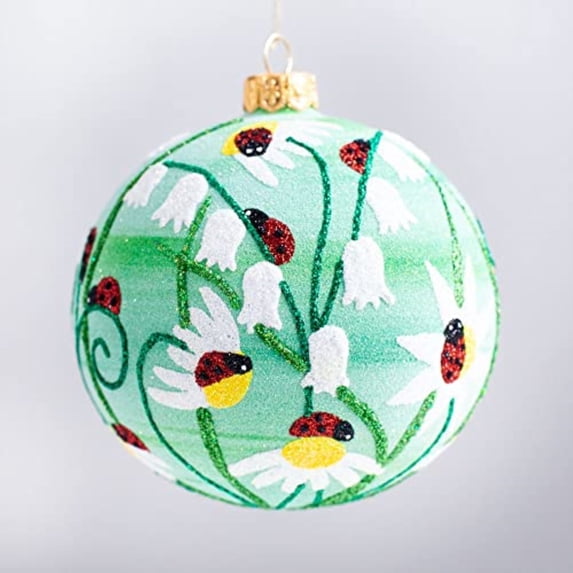 Ladybugs on Flowers Ball Polish Glass Christmas Tree Ornament by Thomas Glenn