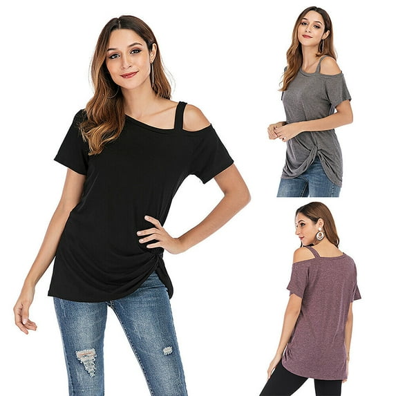 Ladys New Type Single Shoulder Sling Side Twist Knotted Tops Casual Tunic Shirts