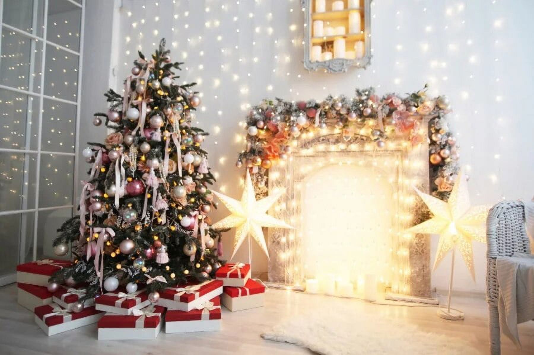 Laeacco Christmas Tree Wood Cabinet Gifts Stars Sled Interior Decor ...