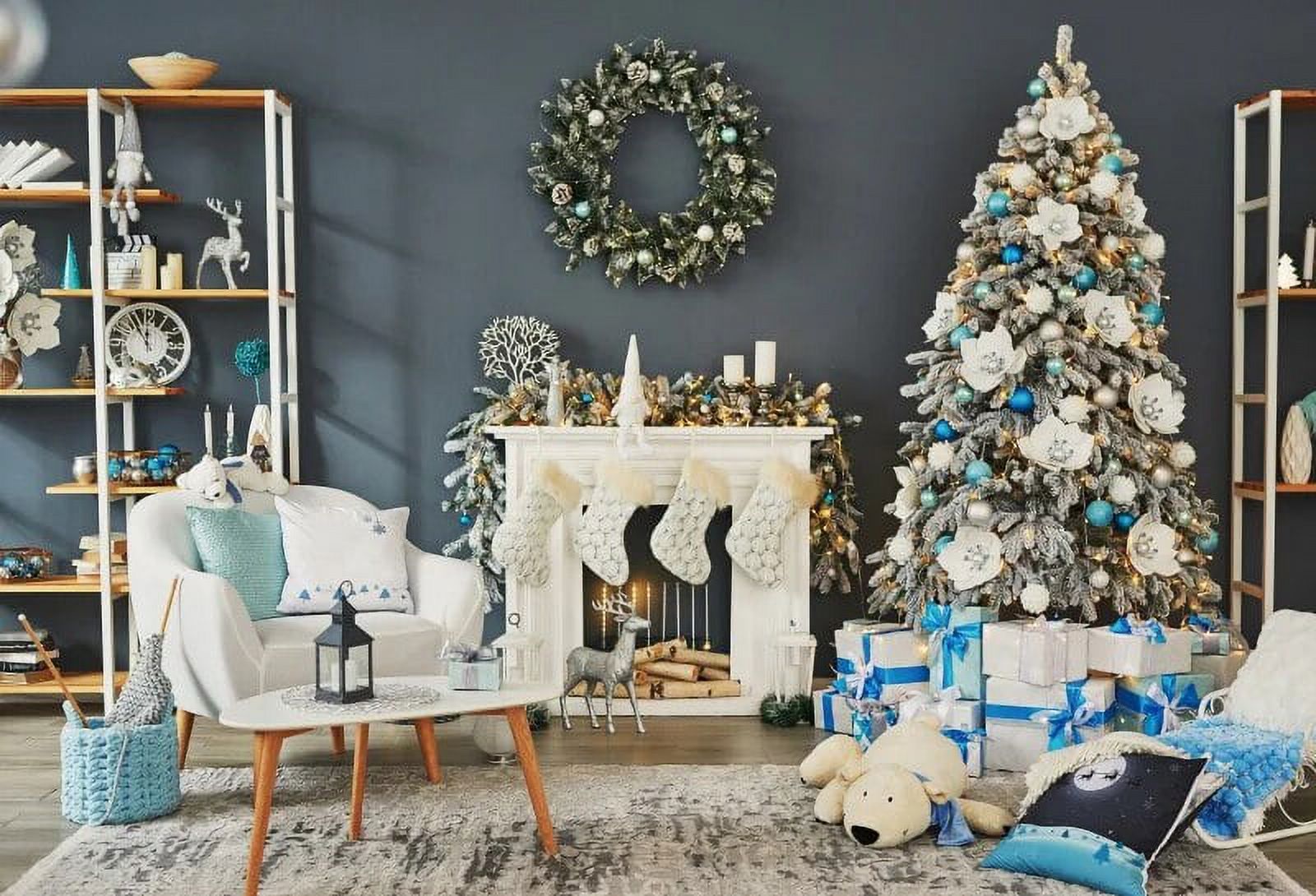 Laeacco Christmas Tree Wood Cabinet Gifts Stars Sled Interior Decor ...