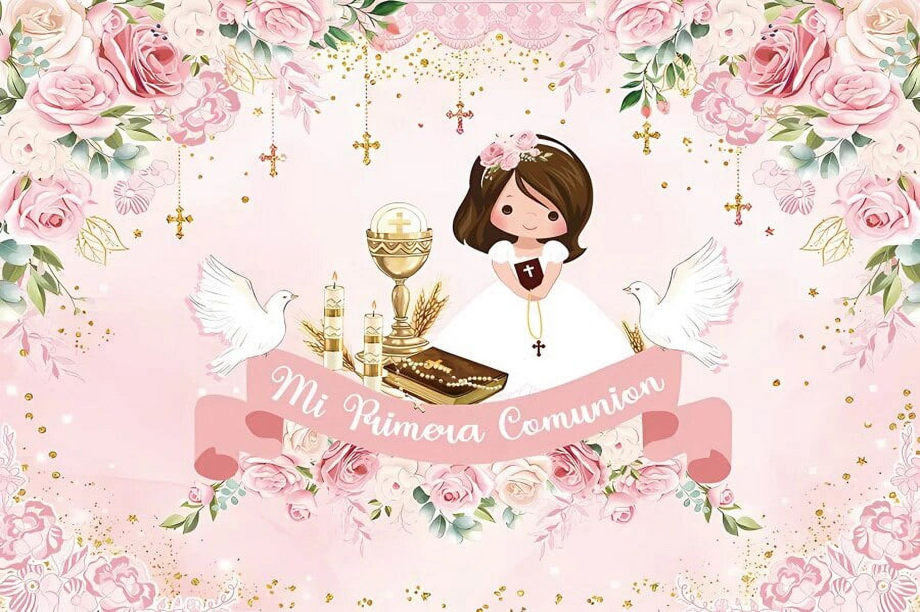 Laeacco My First Communion Backdrop Pink Flowers Baptism Baby Shower ...