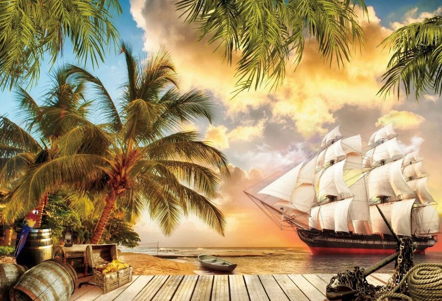 BELECO 7x5ft Fabric Cartoon Party Backdrop - Sea Adventure Pirate Ship Seaside Scenery Treasure Box Boat Background Neverland Pirates Themed Birthday Party Decoration Baby Kids Photo Props - View #2